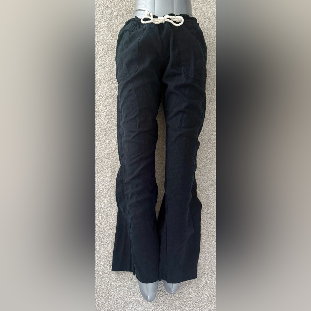 NWOT Roxy Oceanside Beach Linen Blend Pants with rope tie in true black